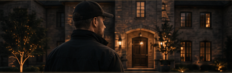 A Shepherd's Watch representative facing a warmly lit home at dusk.