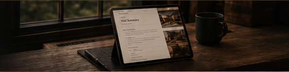A tablet showing a sample home watch visit report beside a coffee cup.