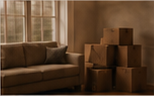 Moving boxes arranged in a bright living room.