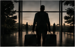 A traveler standing at a window with luggage.