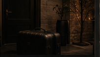 Travel bags near a dark entry, ready for an owner's arrival.