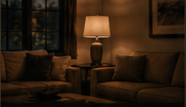 A warmly lit living room prepared for an absent homeowner.